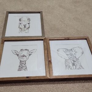 Set of Three Animal Sketch Framed Art: Lama, Giraffe, and Elephant.